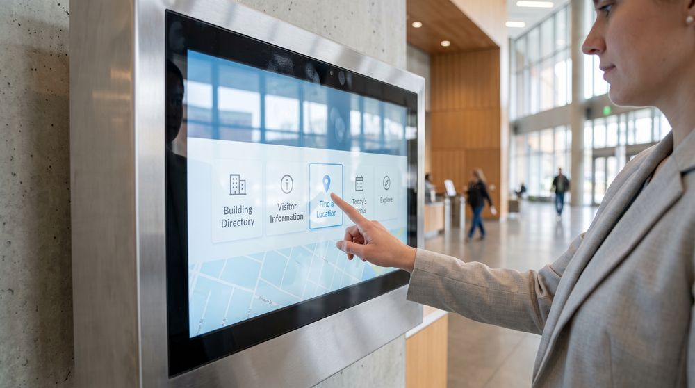 Visitor using an interactive touchscreen display to access directory and location information