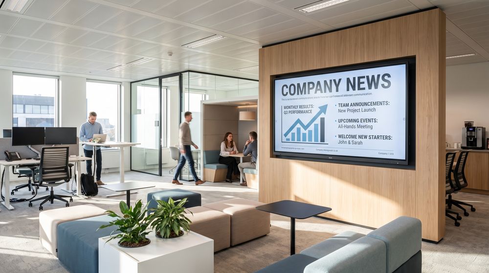 Workplace digital signage displaying company news and performance updates in a modern office