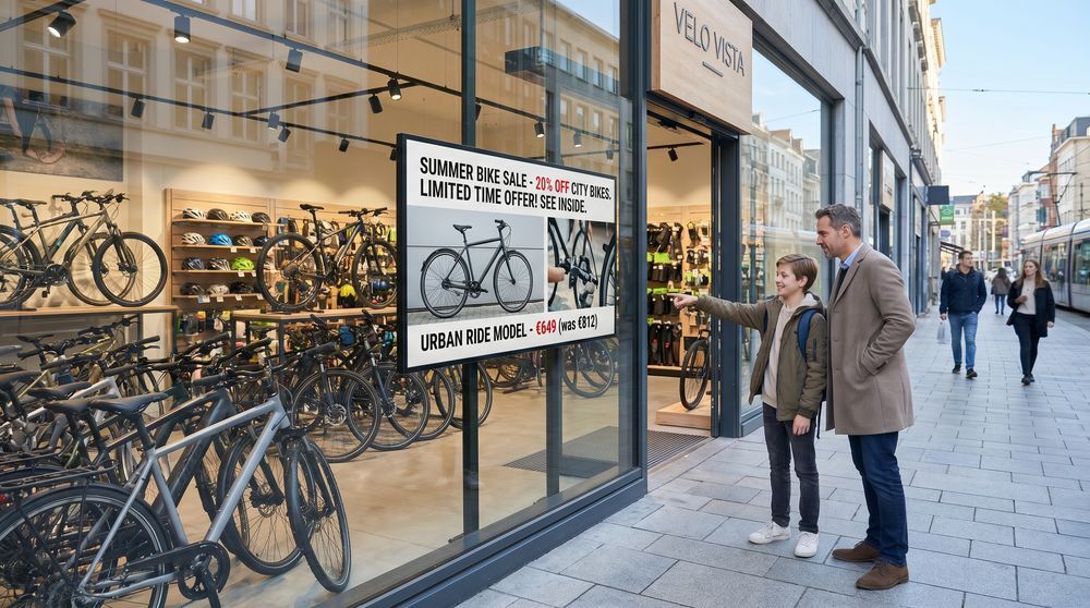bike shop window digital signage promotion