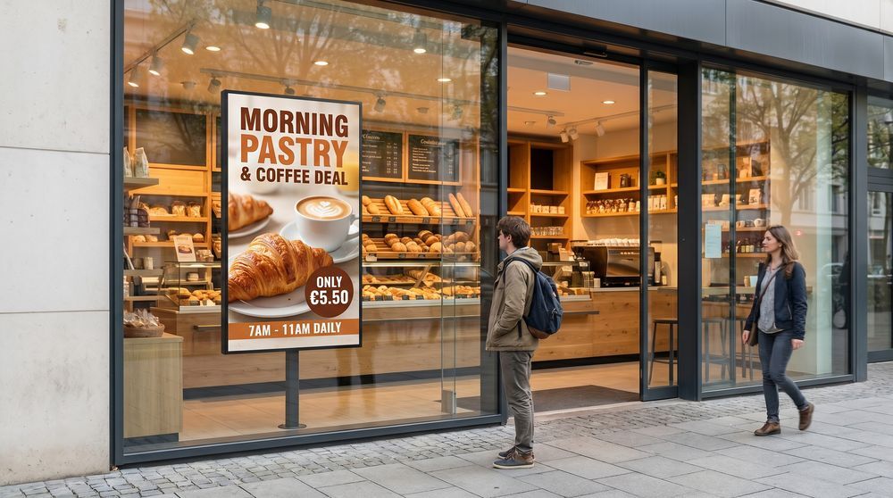 window entrance digital signage bakery promotion